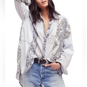 Free People Blue Chambray Bandana Button-Down Long Sleeve Top XS